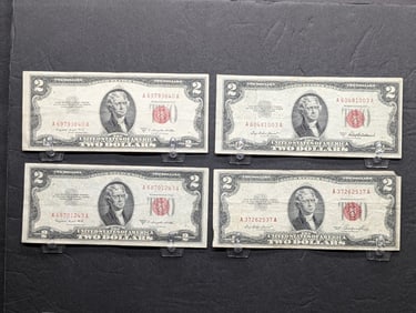 Lot of Four Various 1953 Series $2.00 RED SEAL Banknotes 1953, 1953A, 1953 B x2