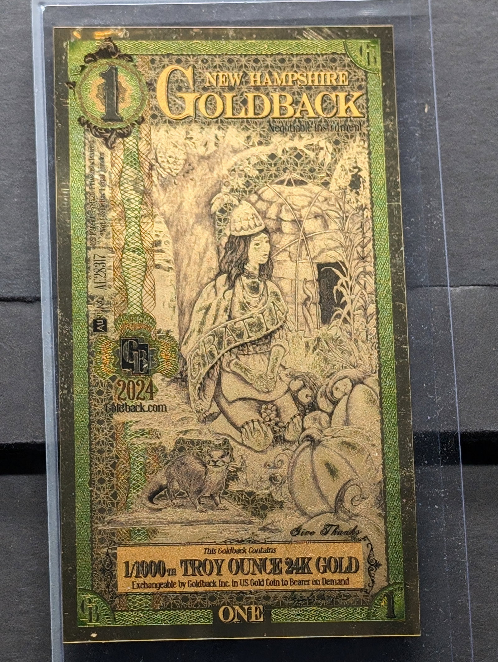 1/1000th Troy Oz. 24k PURE GOLD 2024 $1.00 New Hampshire Gold Back: 1/1000th Troy Oz. 24k PURE GOLD 2024 $1.00 New Hampshire Gold Back