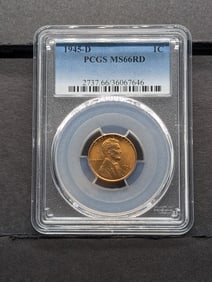 1945-D Lincoln Cent. Slabbed by PCGS, top grader, As MS 66 Red.
