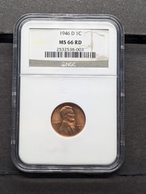 1946-D Lincoln Cent. Slabbed by NGC, top tier grader, As MS 66 Red.