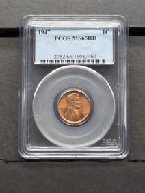 1947 Lincoln Cent. Slabbed by PCGS, top grader, As MS 65 Red.