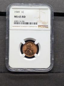 1949 Lincoln Cent. Slabbed by NGC, top tier grader, As MS 65 Red.