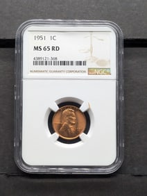 1951 Lincoln Cent. Slabbed by NGC, top tier grader, As MS 65 Red.