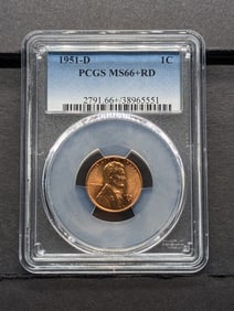 1951-D Lincoln Cent. Slabbed by PCGS, top grader, As MS 66 Plus Red.