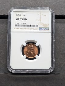 1952 Lincoln Cent. Slabbed by NGC, top tier grader, As MS 65 Red.