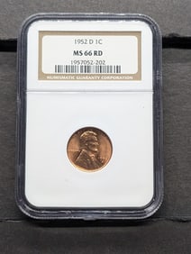 1952 D Lincoln Cent. Slabbed by NGC, top tier grader, As MS 66 Red.