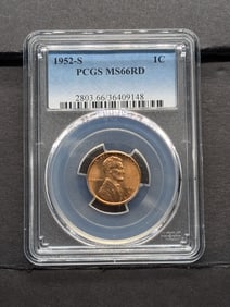 1952-S Lincoln Cent. Slabbed by PCGS, top grader, As MS 66 Red.