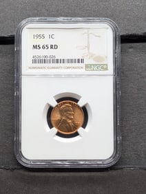 1955 Lincoln Cent. Slabbed by NGC, top tier grader, As MS 65 Red.