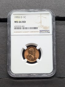 1955-D Lincoln Cent. Slabbed by NGC, top tier grader, As MS 66 Red.