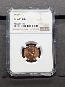 1956 Lincoln Cent. Slabbed by NGC, top tier grader, As MS 65 Red.