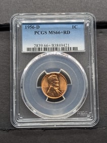 1956-D Lincoln Cent. Slabbed by PCGS, top grader, As MS 66 Plus Red. High Grade!