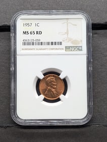 1957 Lincoln Cent. Slabbed by NGC, top tier grader, As MS 65 Red.