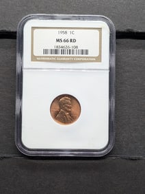 1958 Lincoln Cent. Slabbed by NGC, top tier grader, As MS 66 Red.