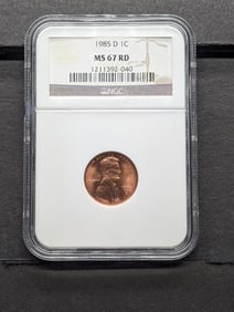 1985-D Lincoln Cent. Slabbed by NGC, top tier grader, As MS 67 Red. High Grade!