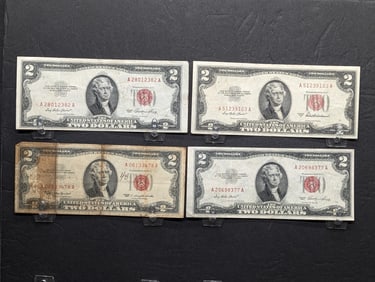 Lot of Four Various 1963 & 1953 Series $2.00 RED SEAL Banknotes - 1953 x2, 1953 A, 1963