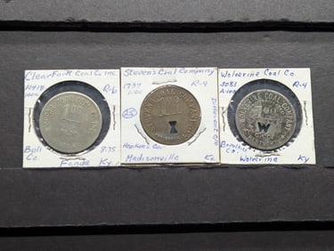 Three Rare $1 Coal Tokens: Wolverine Coal Co (Rarity 4), Clear Fork coal Co (Rarity 6) and Stevens