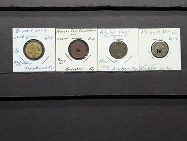 Four Rare 5 Cent Coal Tokens: W.O.B. Wright Co (Rarity 10), Anchor Coal Co (Rarity 7), Harvey Coal