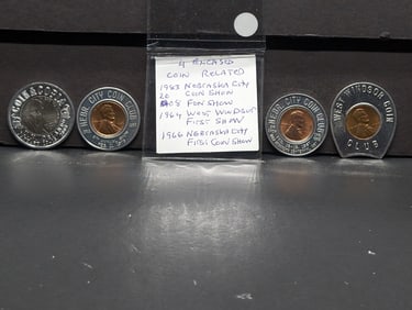 4 coin related Encased Cents: 1983 Nebraska City, 2008 FUN Show, 1964 West Winsor First Show, and
