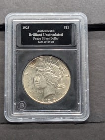 1925 Peace Silver Dollar - Slabbed - Authenticated BRILLIANT UNC