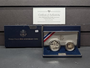 1991-95 WWII 50th Anniversary Two Coin Set. GEM Proof in original box plus COA. West Point Dollar &