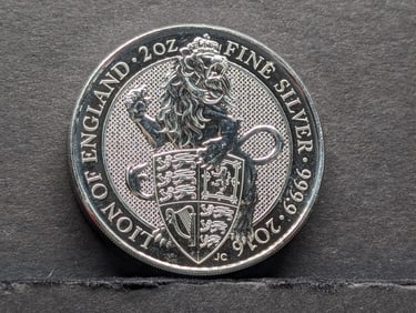 2 Oz. .9999 Fine SILVER 2016 PROOF Great Britain 5 Pounds - Lion of England Designed Coin