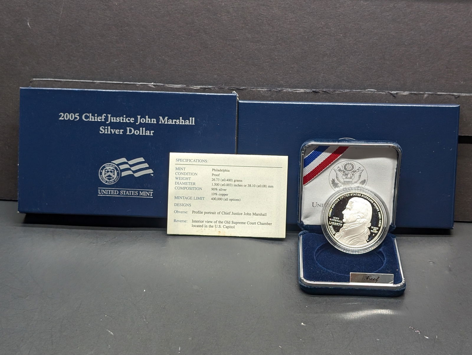 2005-P PROOF Chief Justice John Marshall Commemorative Silver Dollar in OGP w/ COA: 2005-P PROOF Chief Justice John Marshall Commemorative Silver Dollar in OGP w/ COA