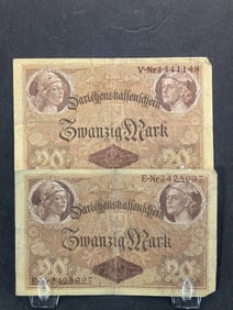 Two Germany 20 Mark Notes Berlin 1914