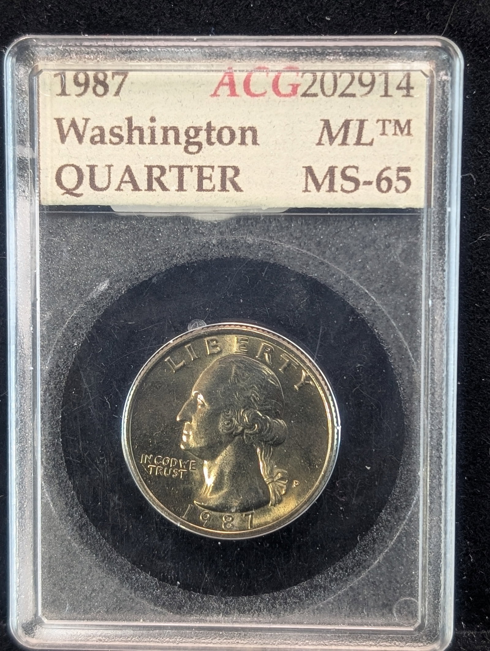 1987-P Washington Quarter In Accugrade Slab MS65: 1987-P Washington Quarter In Accugrade Slab MS65