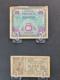 1944 10 Francs Allied Military Currency Replacement note and 1914 Italy da UNA lira