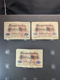 Three 1914 Germany 50 mark Notes Berlin Funfzig mark
