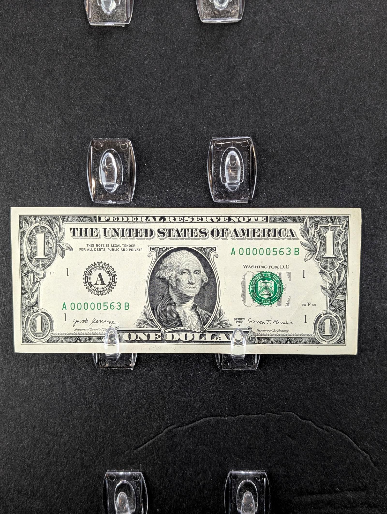 2017-A One Dollar FRN Low Serial Number # A00000563B VERY LOW S.N. -Crisp & off Center Error (1 of 5)