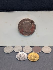 Collectors Junk Drawer 9 items: Alexander Graham Bell Token, Plus Various Coins