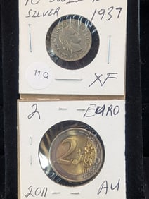 2011 2 Euro & 1937-B Switzerland 10 Rappen C/N