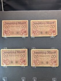 Four 1918 Germany 20 Mark Notes