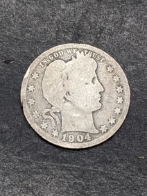 1904-O Barber Silver Quarter. SEMI KEY - $35 in G, $70 in VG, $140 in F