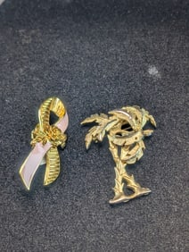 Palm Tree Brooch Gold Toned & Avon Breast Cancer Awareness Brooch