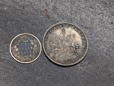 1918 France One Franc (.8550 Silver) & 1892 Canadian 5 Cent 92.5% Silver
