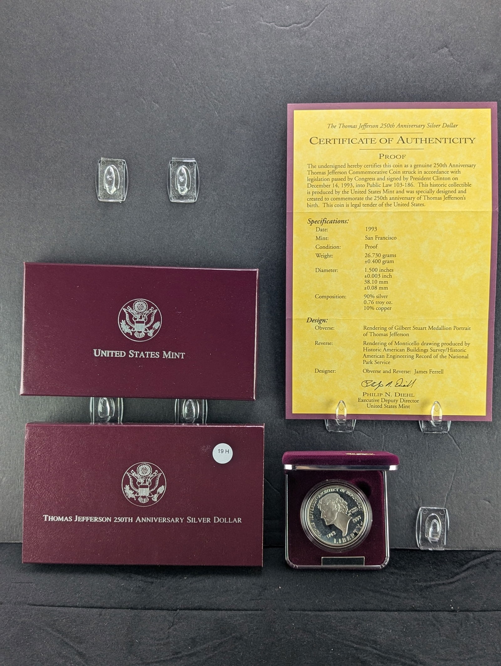 1993-S Thomas Jefferson 250th Anniversary Silver Dollar in OGP w/ COA 90% Silver (1 of 5)