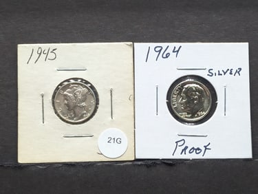 1945 Mercury Dime, UNC + 1964 PROOF Roosevelt Dime. 2 Last Year 90% Silver Dimes