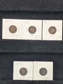 (5) 1862 Indian Head Pennies