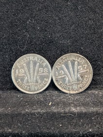 1957 & 1958 (50% Silver, AU-UNC) Australian Three Pence
