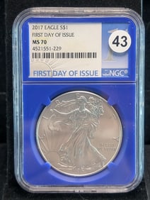 2017 United States Mint Silver Eagle 1st Day of Issue MS 70 by NGC BLUE CORE