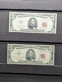 2-1963 Red Seal $5 Notes. Nice Cond. 1- Crazy 8's SN