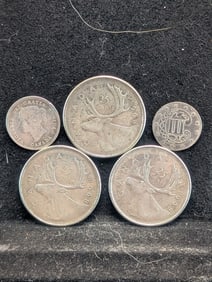 (3) 1968 Canadian Quarters (1) 1882 5 cent Canada; (1) no date US Silver 3 Cent Piece