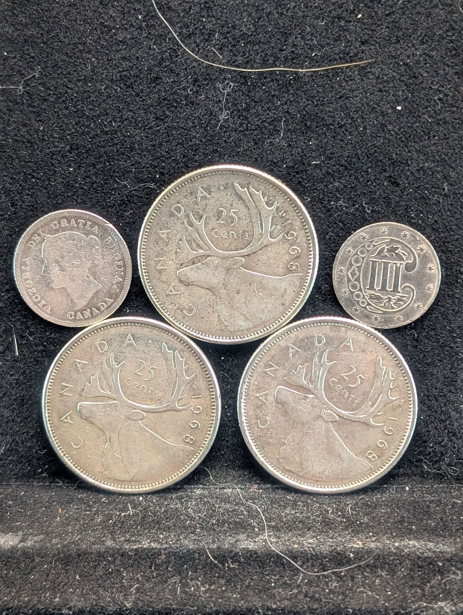 (3) 1968 Canadian Quarters (1) 1882 5 cent Canada; (1) no date US Silver 3 Cent Piece (1 of 2)