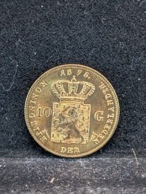 1875 Gold (.900 Fineness - AGW .1947 Ounce, BU, Rare This High of Grade) Netherlands 10 Gulden,
