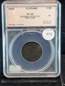 1828 1/2c (PCGS $140 at VF 20, Only 606k Minted), Classic Head, Slabbed by SEGS, 197 Years Old!