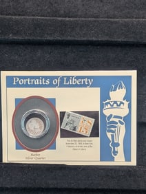 Portraits of Liberty 1911 P Barber Quarter and 15Cent Air Mail Stamp issued Nov 20 1959 Statue of