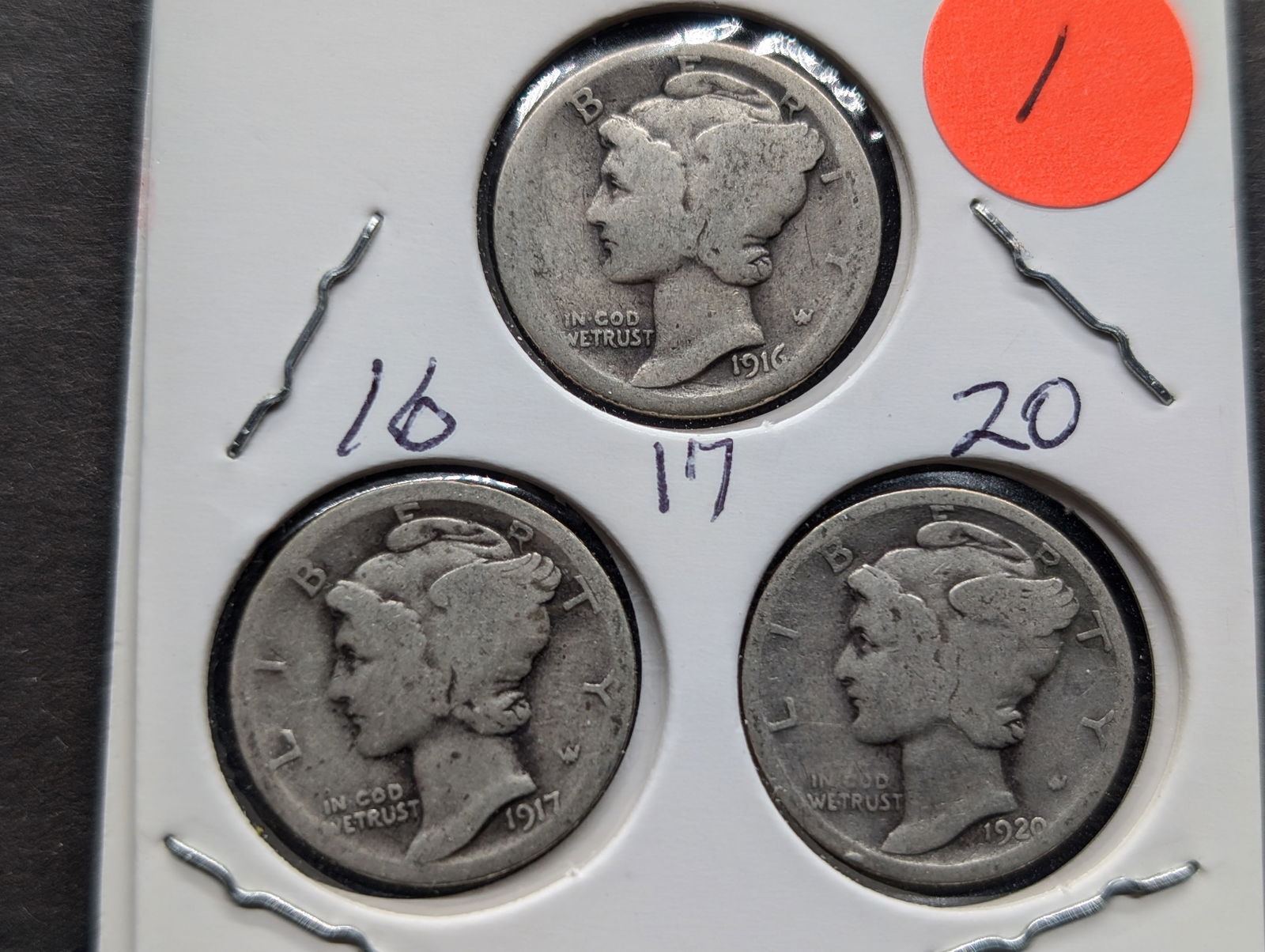 1916, 1917, 1920 Mercury Dimes