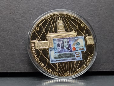 100 Banknote Benjamin Franklin, Eagle, Flags Commemorative Medal 24K Layered Gold